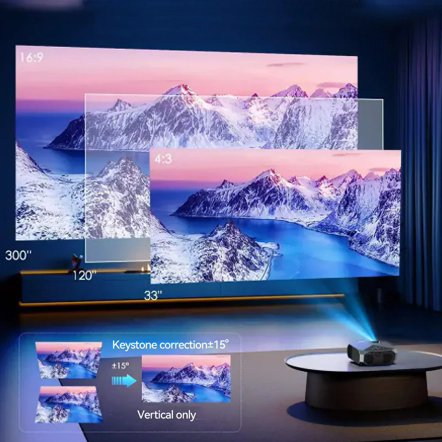 Vidéo projecteur sur table projetant des montagnes enneigées avec correction trapézoïdale verticale et formats 16:9 et 4:3