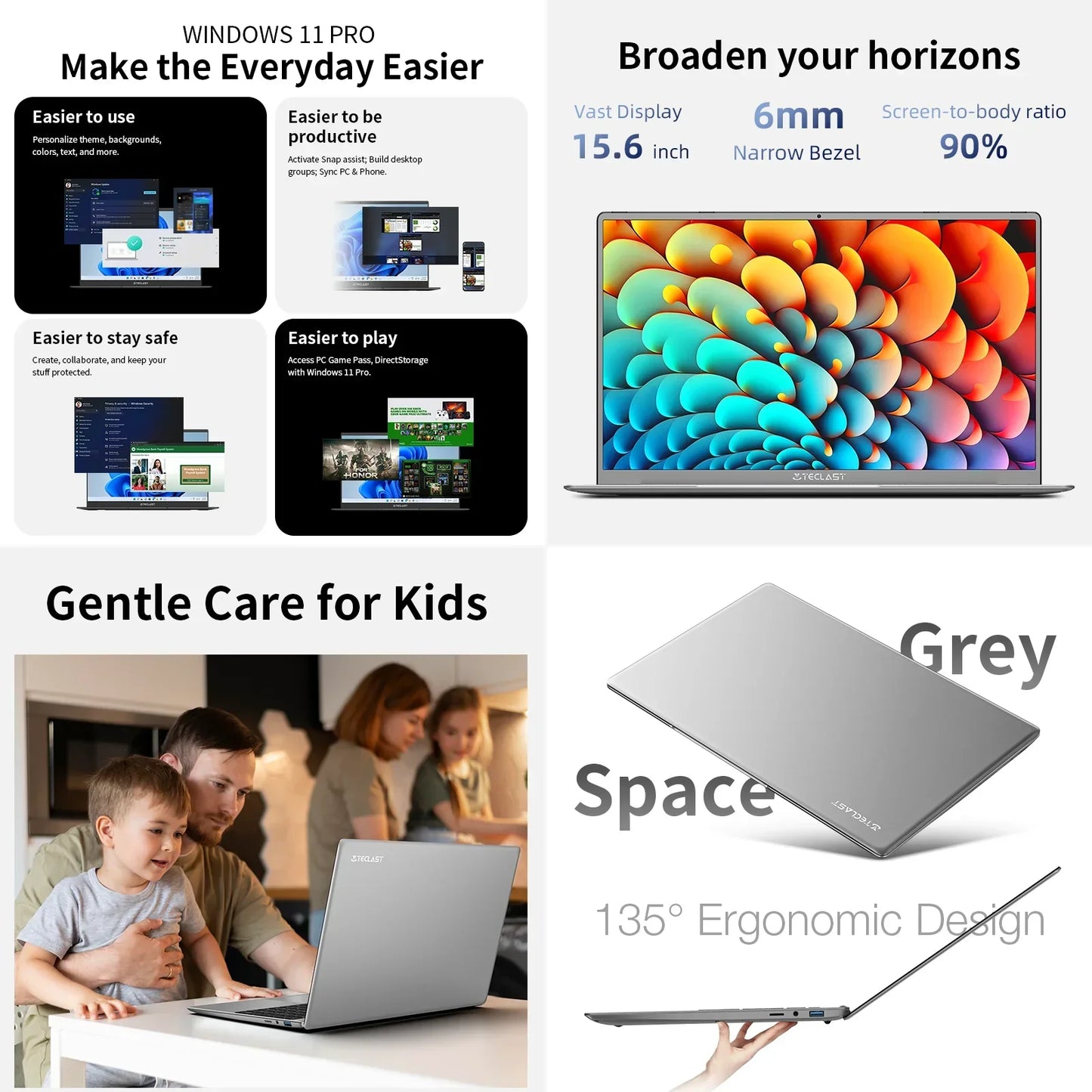 Ordinateur portable Windows 11 Pro 15,6 pouces écran large 6mm bordure étroite 90% écran-corps gris Space