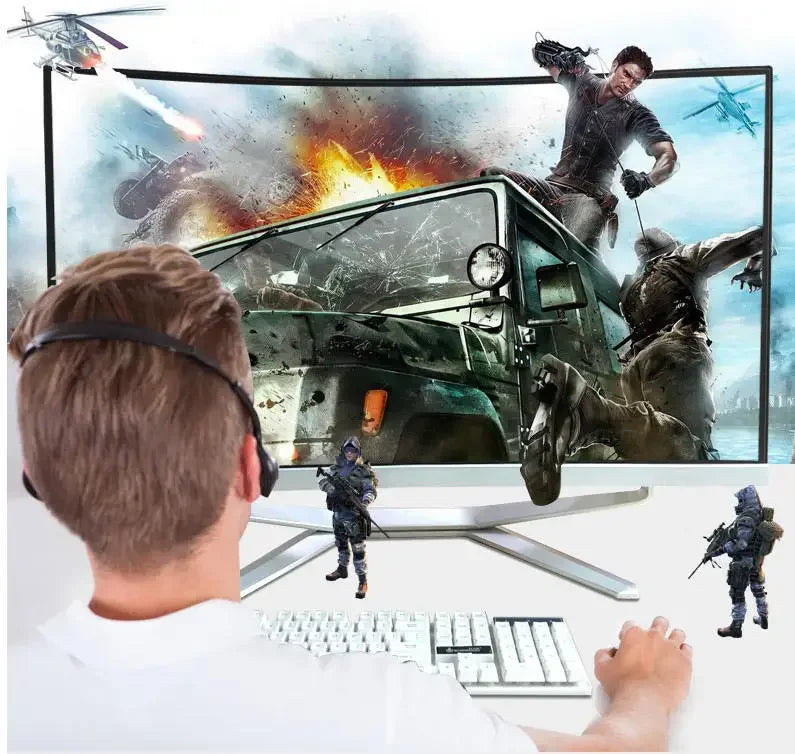 Homme jouant à un jeu vidéo d'action avec explosion, hélicoptères et soldats tactiques à l'écran