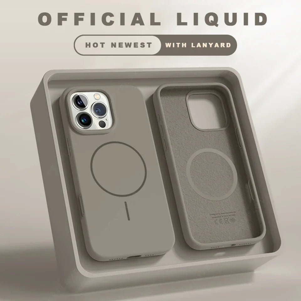 Coque officielle liquide grise avec support MagSafe pour iPhone, cadeau avec lanière dans un emballage