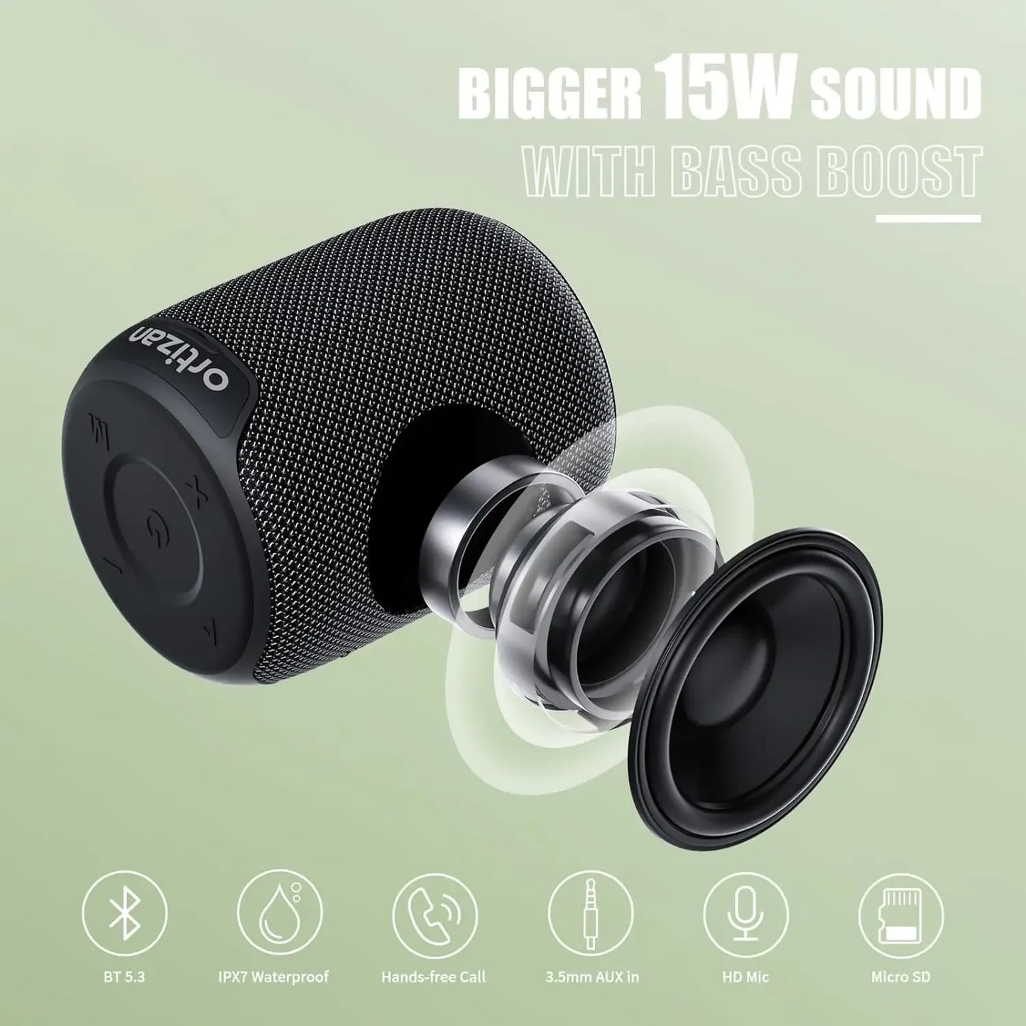 Enceinte Bluetooth Orfizan 15W avec basses amplifiées, étanche IPX7 et microphone HD