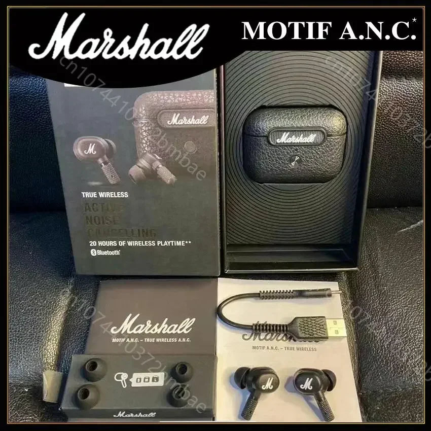 Écouteurs sans fil Marshall Motif A.N.C avec boîtier de charge, câble USB et embouts de rechange