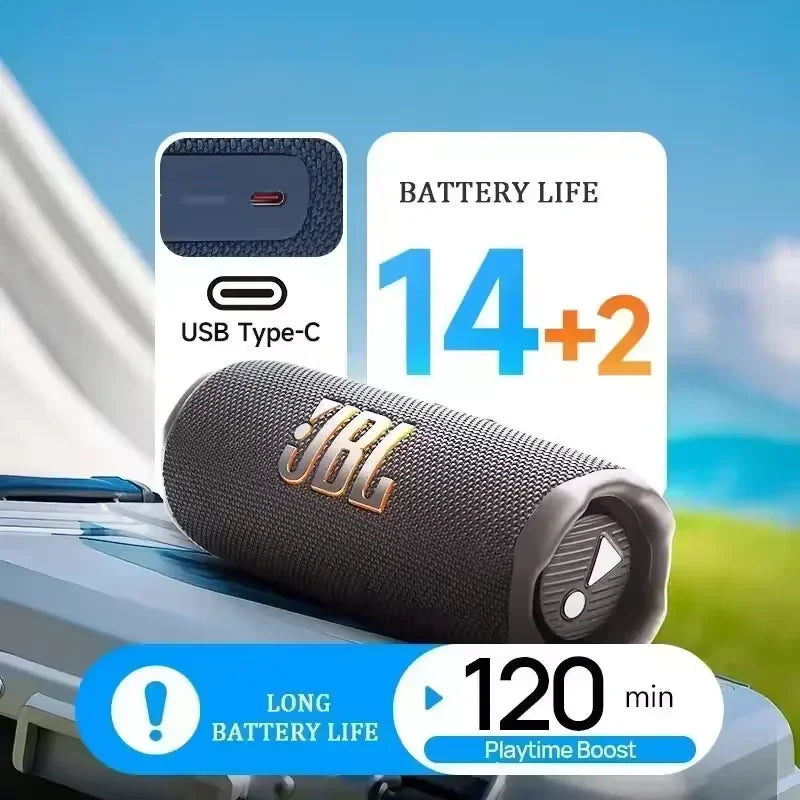 Enceinte Bluetooth JBL noire avec port USB Type-C et autonomie batterie 14+2 heures, 120 minutes en mode boost