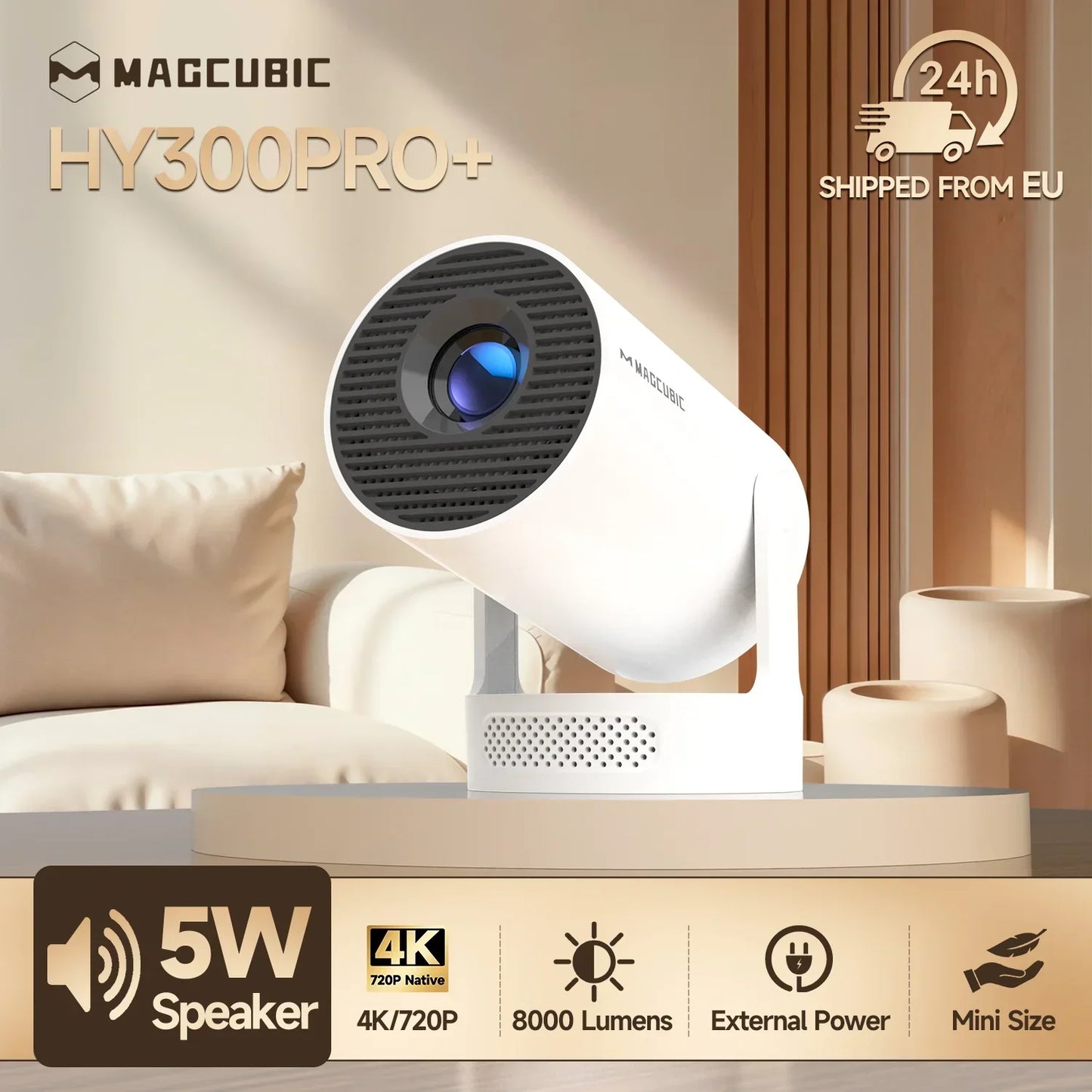 Projecteur Magcubic HY300PRO+ blanc avec haut-parleur 5W, 4K 720P, 8000 lumens, compact