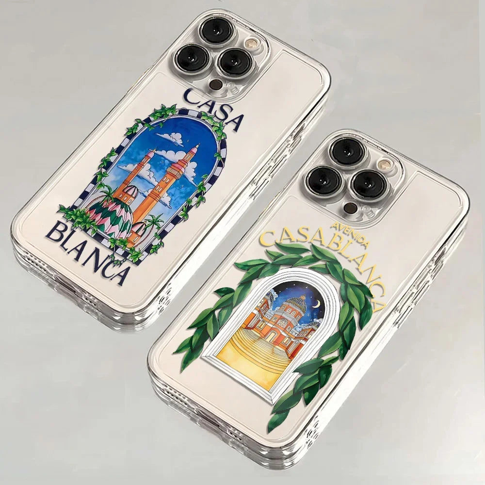 Coques de téléphone transparentes avec illustrations Casa Blanca et motifs architecturaux colorés et feuillage