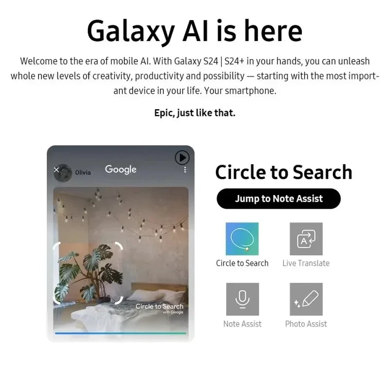 Capture d'écran fonction Galaxy AI Circle to Search avec chambre et plante verte, assistant vocal et traduction