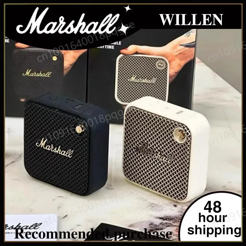 Haut-parleurs portables Marshall Willen noirs et blancs sur fond clair affichant le logo Marshall