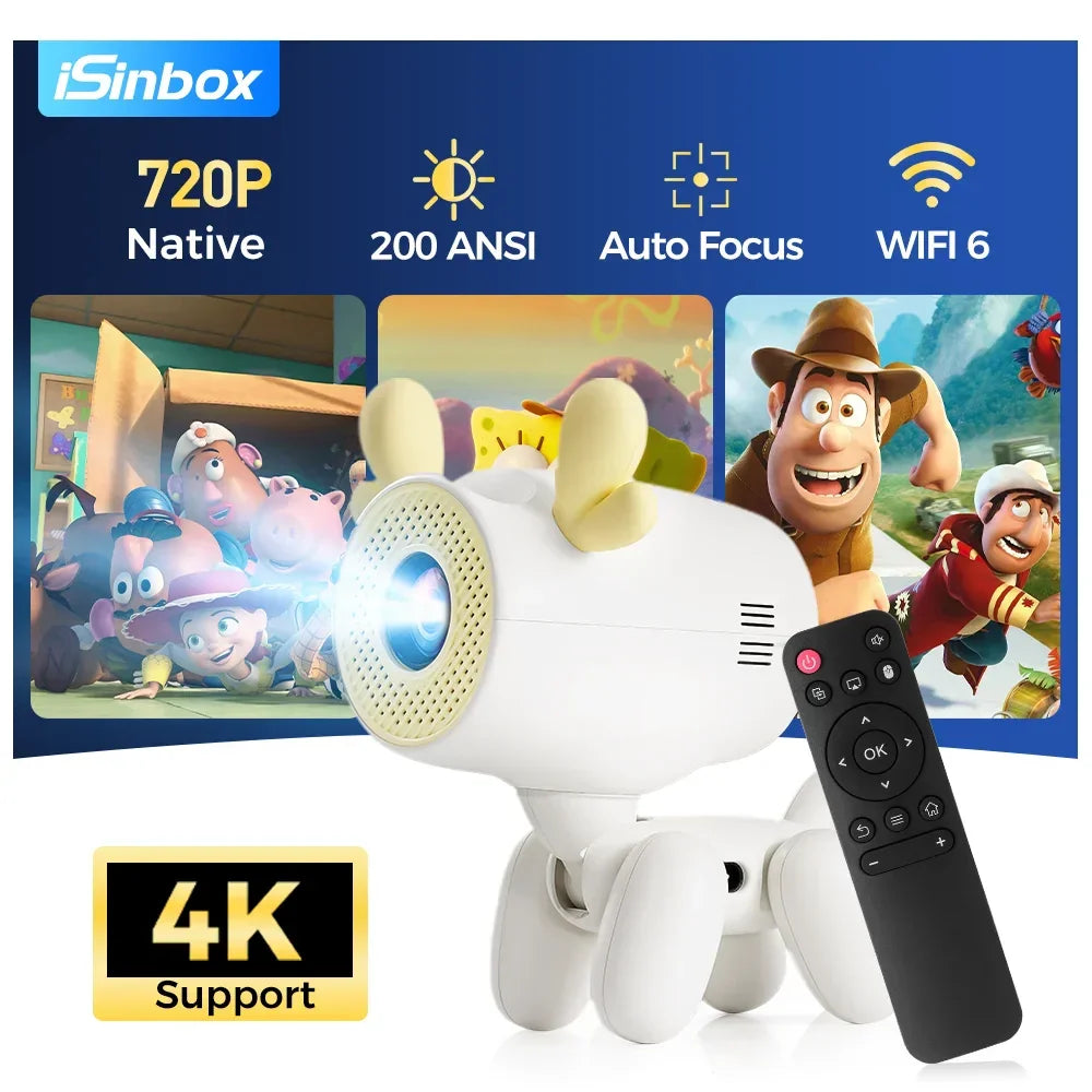 Projecteur iSinbox 4K blanc en forme de chien avec télécommande noire, résolution 720P native, 200 ANSI, autofocus, WiFi 6