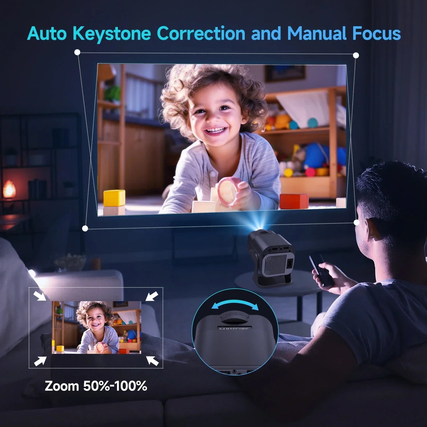 Homme utilisant un projecteur HD avec correction automatique de trapèze et zoom manuel pour visionner une photo d'enfant souriant