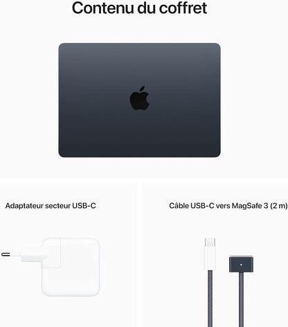 Macbook Air Portable Avec Puce M2 : Écran Liquid Retina De 13,6 Pouces, 16 Go De RAM, 256 Go De Stockage SSD, Clavier Rétroéclairé, Caméra Facetime HD 1080P ; Minuit