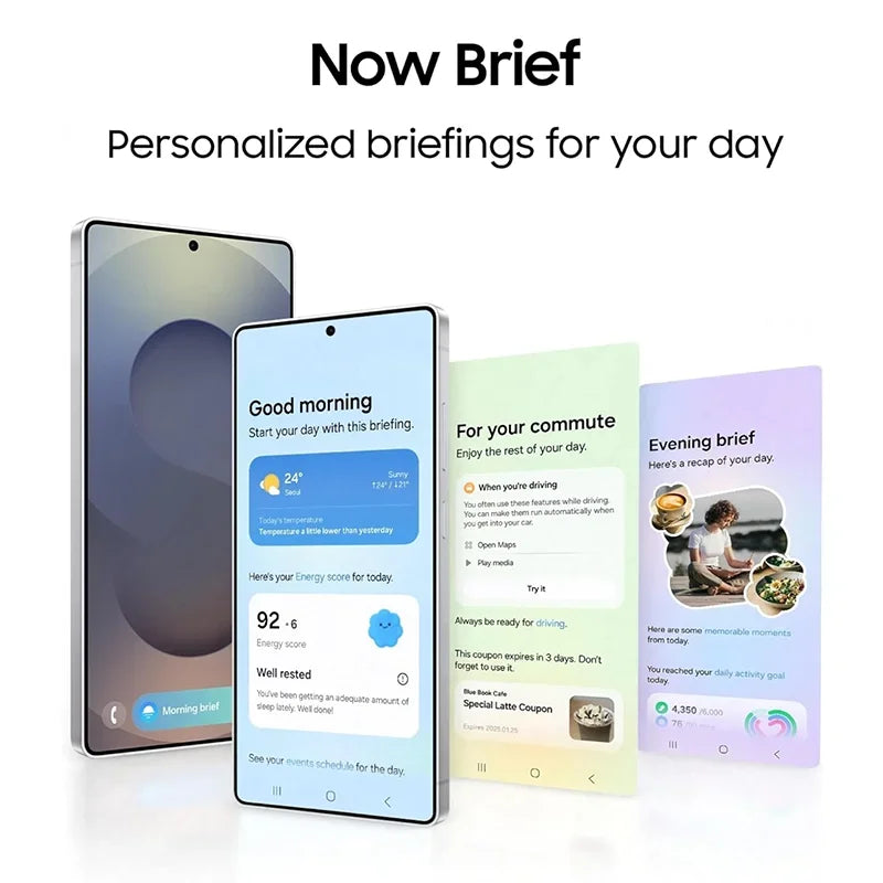 Smartphones affichant des briefings personnalisés matin, trajet et soir avec météo et activités