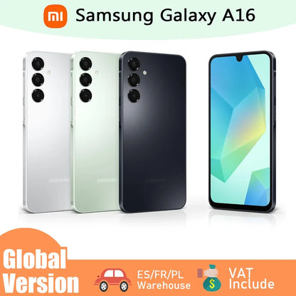 Trois smartphones Samsung Galaxy A16 en blanc, vert et noir, écran allumé bleu