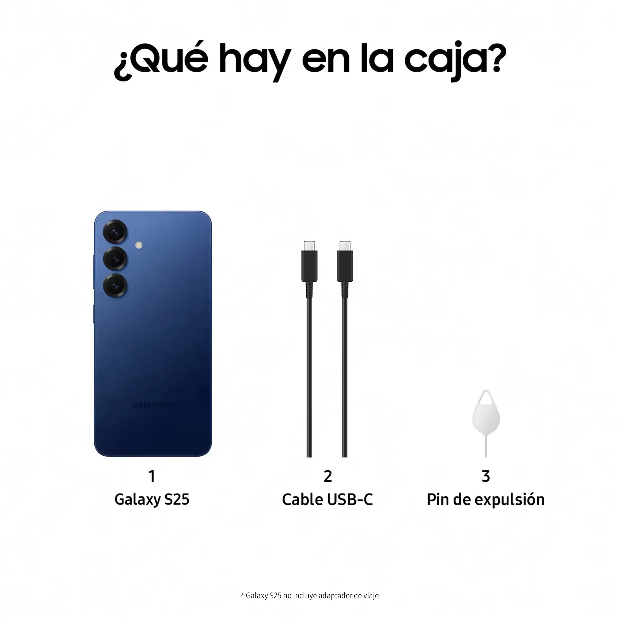 Contenu de la boîte Galaxy S25 bleu, câble USB-C noir, et outil d'expulsion de carte SIM
