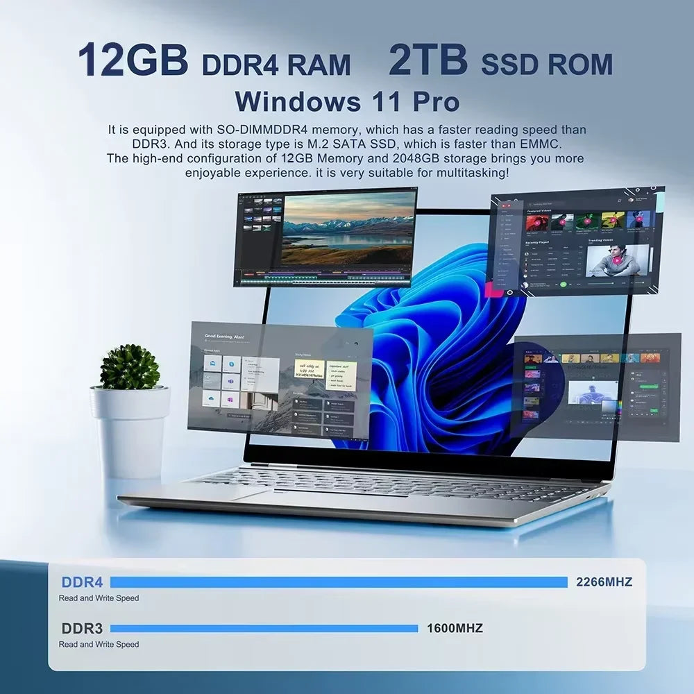 Ordinateur portable Windows 11 Pro avec 12 Go RAM DDR4 et 2 To SSD, multitâche et haute vitesse