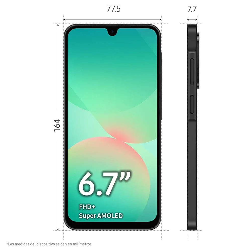 Smartphone noir avec écran 6,7 pouces FHD+ Super AMOLED, dimensions 164x77,5x7,7 mm