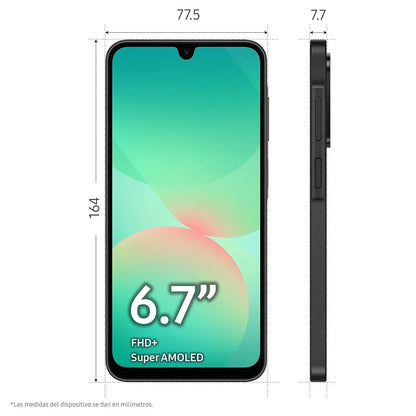Smartphone noir avec écran 6,7 pouces FHD+ Super AMOLED, dimensions 164x77,5x7,7 mm
