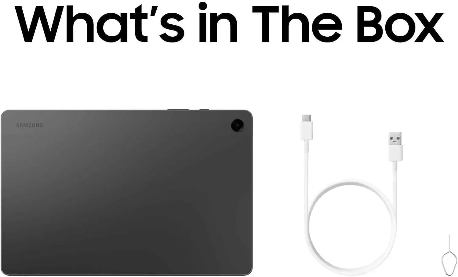 Tablette Samsung noire avec câble USB blanc et outil d'éjection sur fond blanc