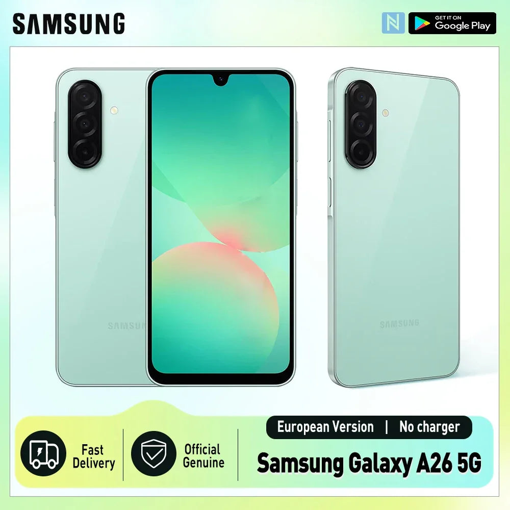 Smartphone Samsung Galaxy A26 5G vert clair avec triple caméra arrière, écran full HD et version européenne