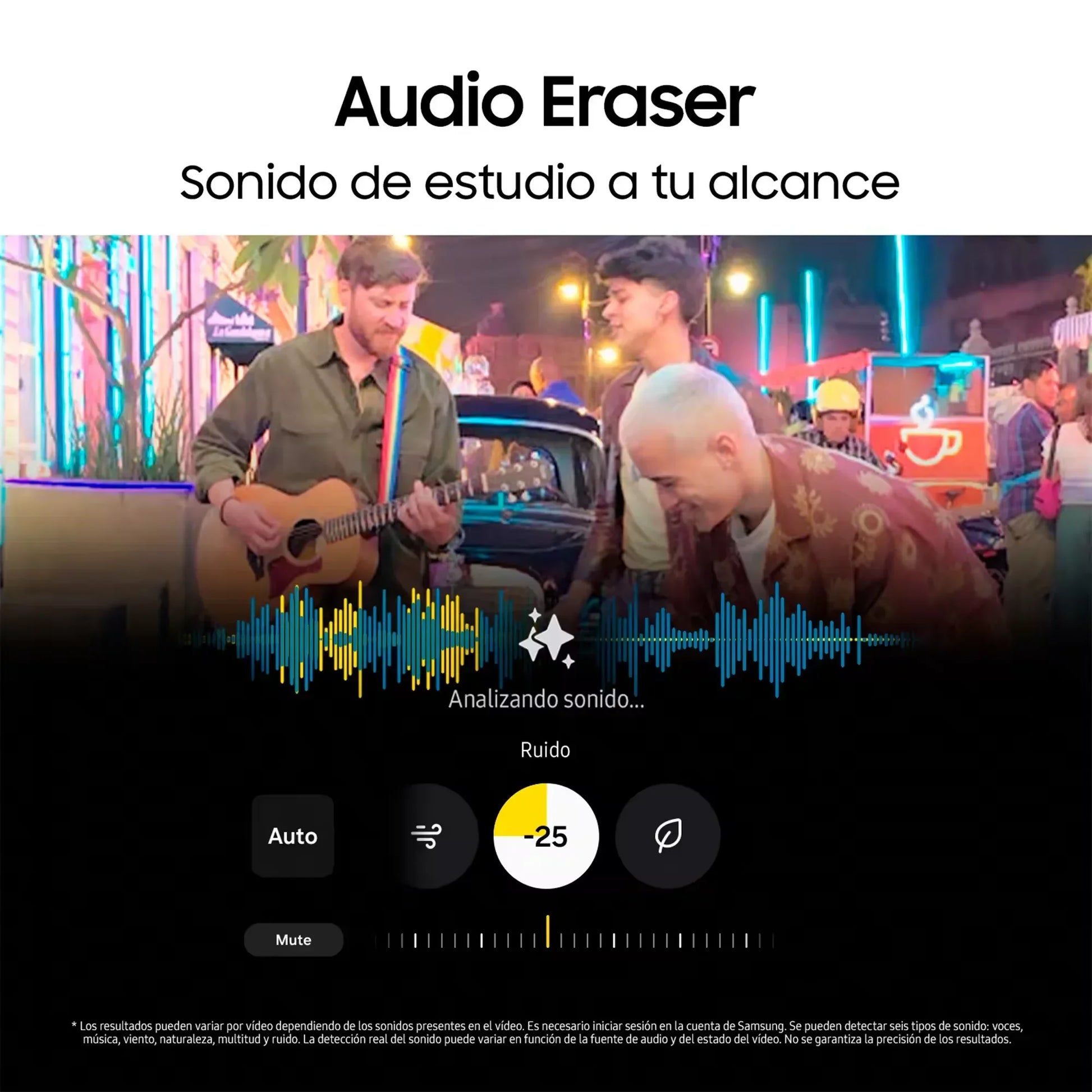 Jeunes jouant de la guitare dans une rue animée la nuit, filtre supprimant le bruit audio Samsung