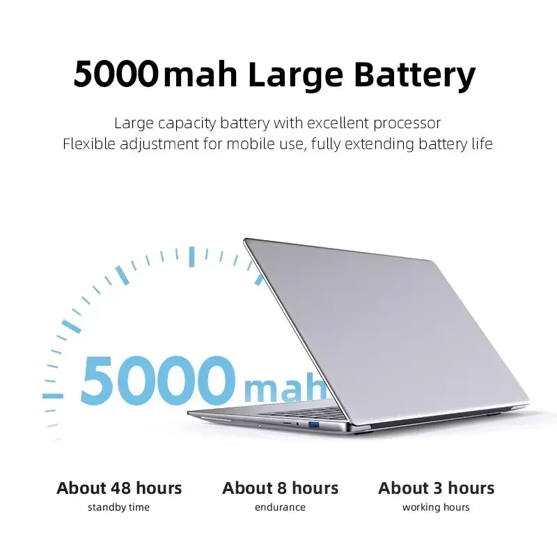 Ordinateur portable argent avec batterie 5000mAh offrant 48h veille, 8h endurance, 3h travail