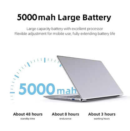 Ordinateur portable argent avec batterie 5000mAh offrant 48h veille, 8h endurance, 3h travail