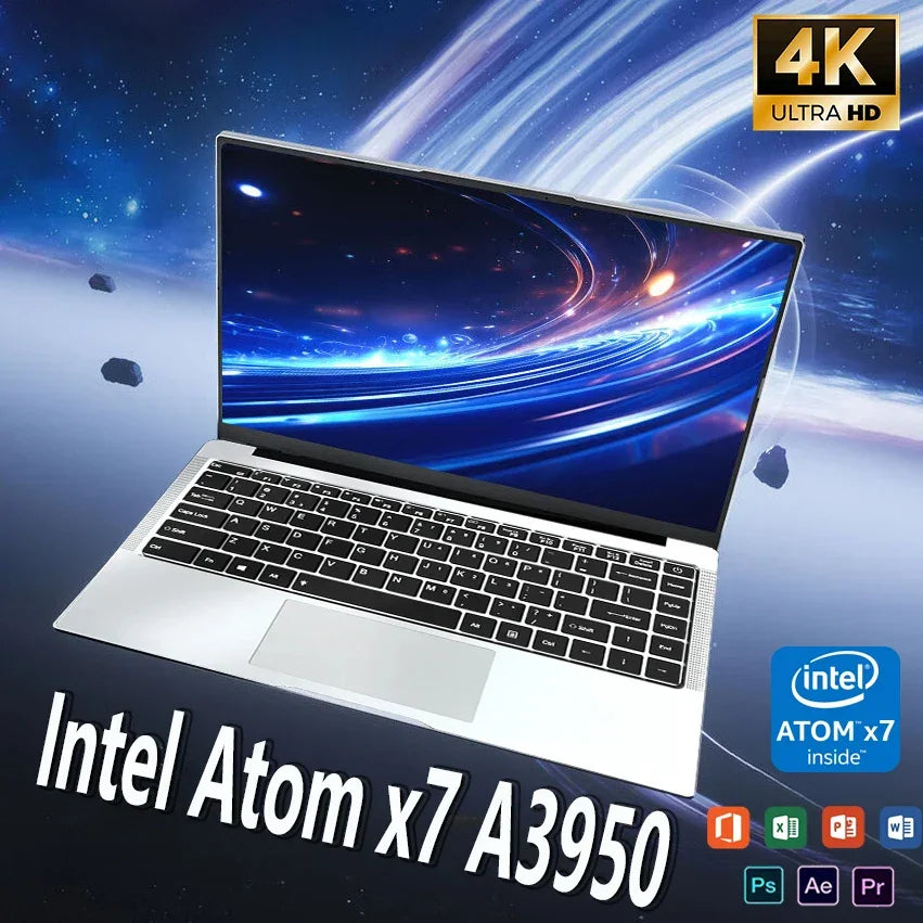 Ordinateur portable moderne argenté avec écran 4K Ultra HD affichant une galaxie spatiale, processeur Intel Atom x7 A3950