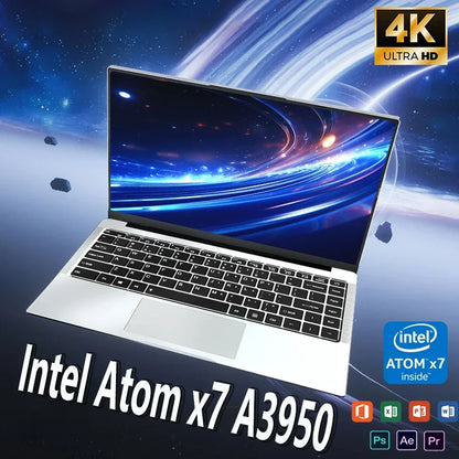 Ordinateur portable moderne argenté avec écran 4K Ultra HD affichant une galaxie spatiale, processeur Intel Atom x7 A3950