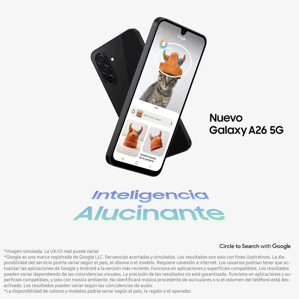 Smartphone Galaxy A26 5G noir avec écran montrant un chat avec un chapeau orange en réalité augmentée