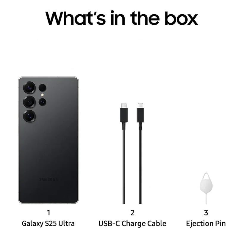 Samsung Galaxy S25 Ultra noir avec câble de charge USB-C et outil d'éjection