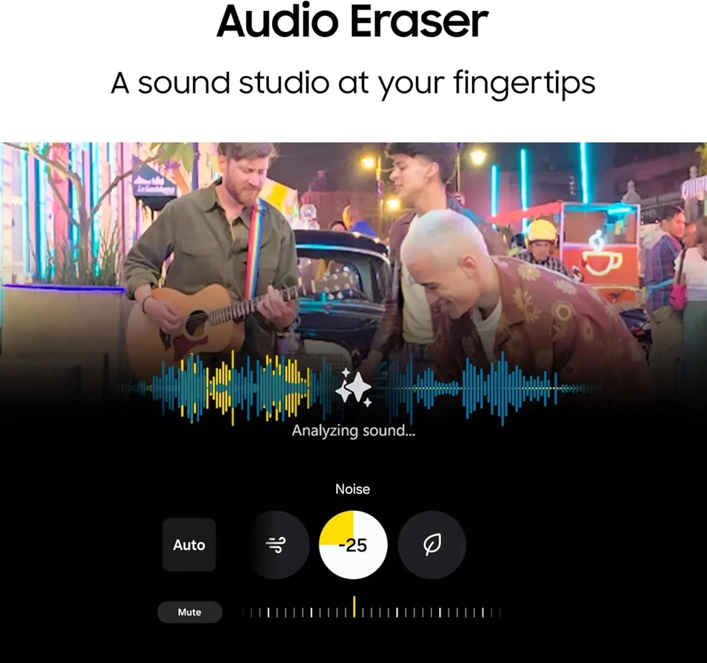 Audio Eraser interface avec analyse sonore et musique live de groupe jouant guitare en rue animée