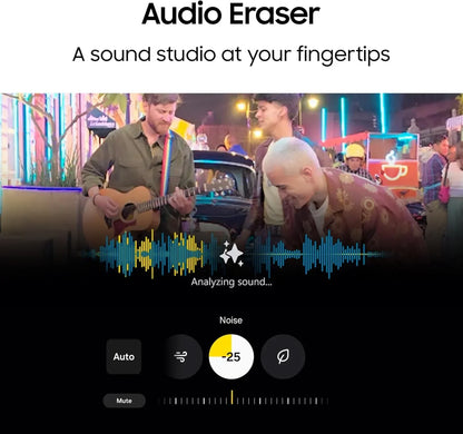 Audio Eraser interface avec analyse sonore et musique live de groupe jouant guitare en rue animée