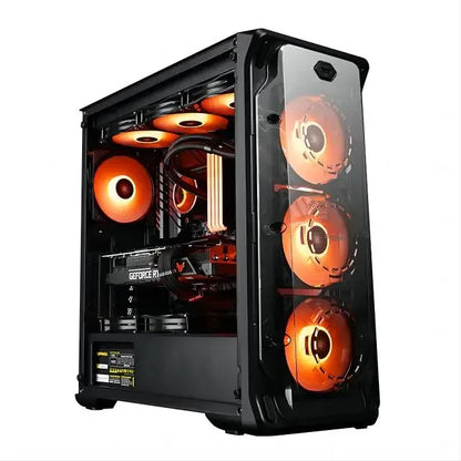 PC gamer tour noire avec ventilateurs RGB orange visibles et carte graphique GeForce RTX