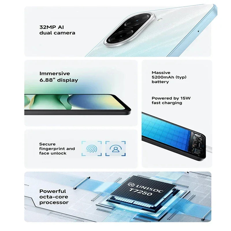 Smartphone bleu clair avec appareil photo AI 32MP, écran 6,88", batterie 5200mAh, déverrouillage sécurisé, processeur octa-core Unisoc