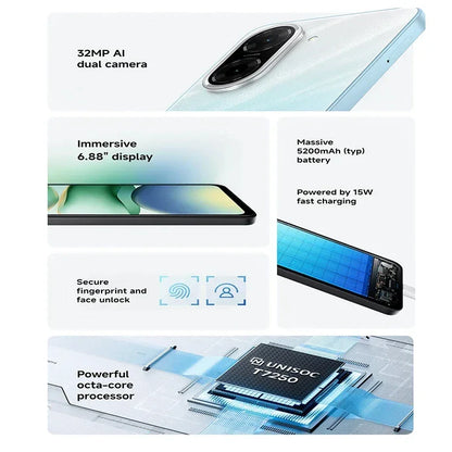 Smartphone bleu clair avec appareil photo AI 32MP, écran 6,88", batterie 5200mAh, déverrouillage sécurisé, processeur octa-core Unisoc