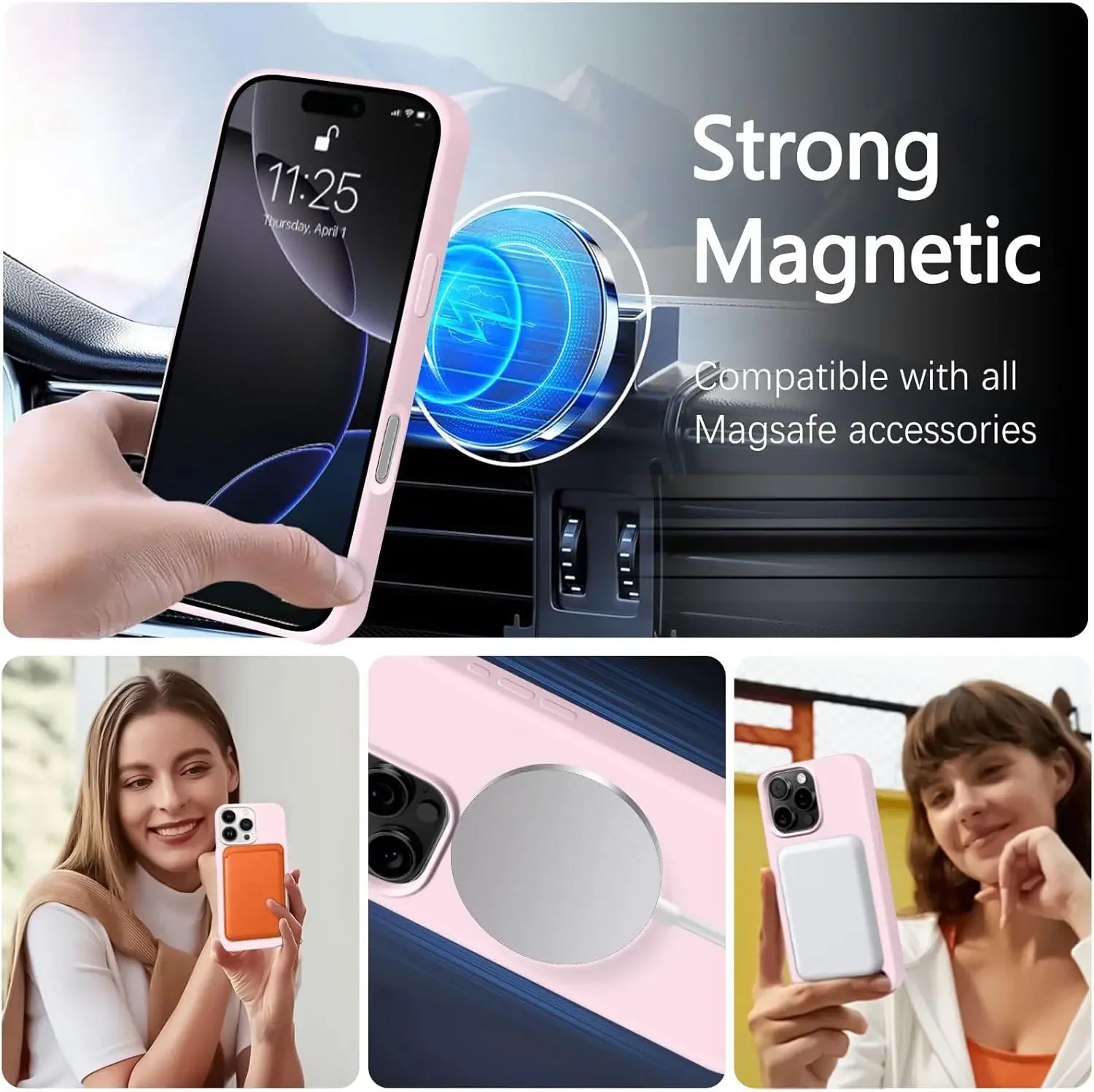 Support magnétique voiture compatible MagSafe avec coque rose pour iPhone et batterie externe