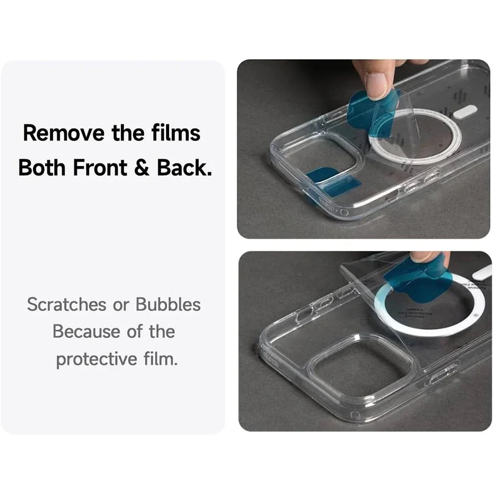 Gros plan sur un étui transparent pour smartphone avec film protecteur bleu retiré avant usage