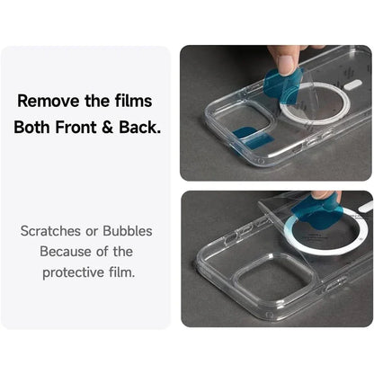 Gros plan sur un étui transparent pour smartphone avec film protecteur bleu retiré avant usage