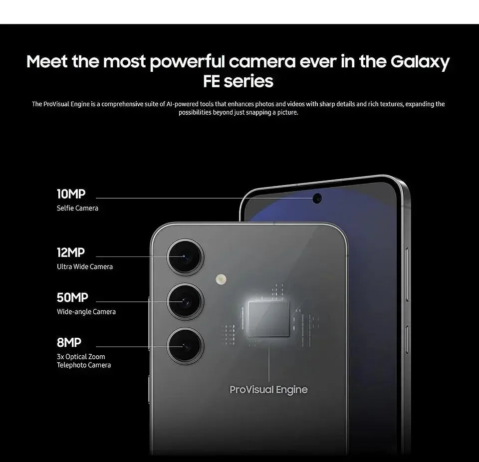 Smartphone Galaxy FE avec triple caméra 50MP, 12MP ultra grand-angle, 8MP zoom optique, 10MP selfie et ProVisual Engine AI