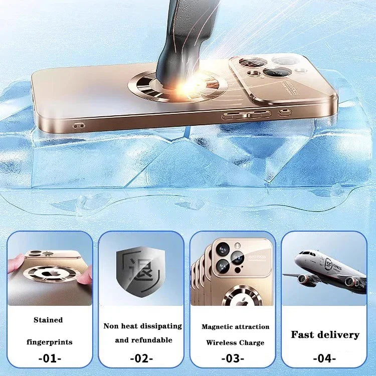 iPhone posé sur de la glace avec chargeur magnétique et icônes des avantages de recharge sans fil