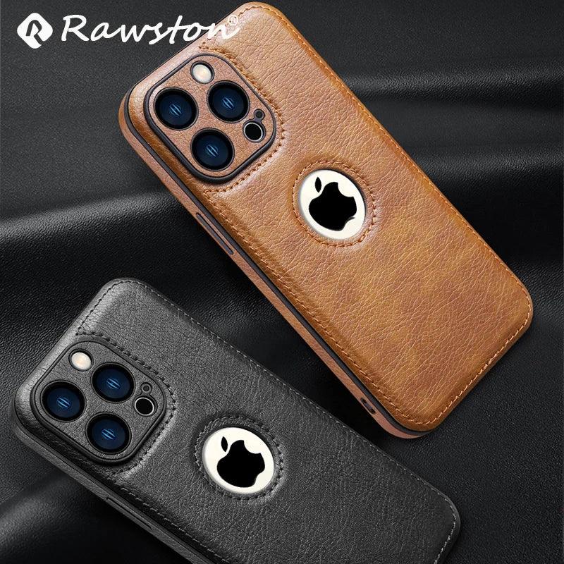 Coques en cuir noir et marron pour iPhone avec logo Apple visible, design Rawston élégant