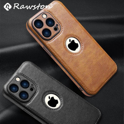 Coques en cuir noir et marron pour iPhone avec logo Apple visible, design Rawston élégant