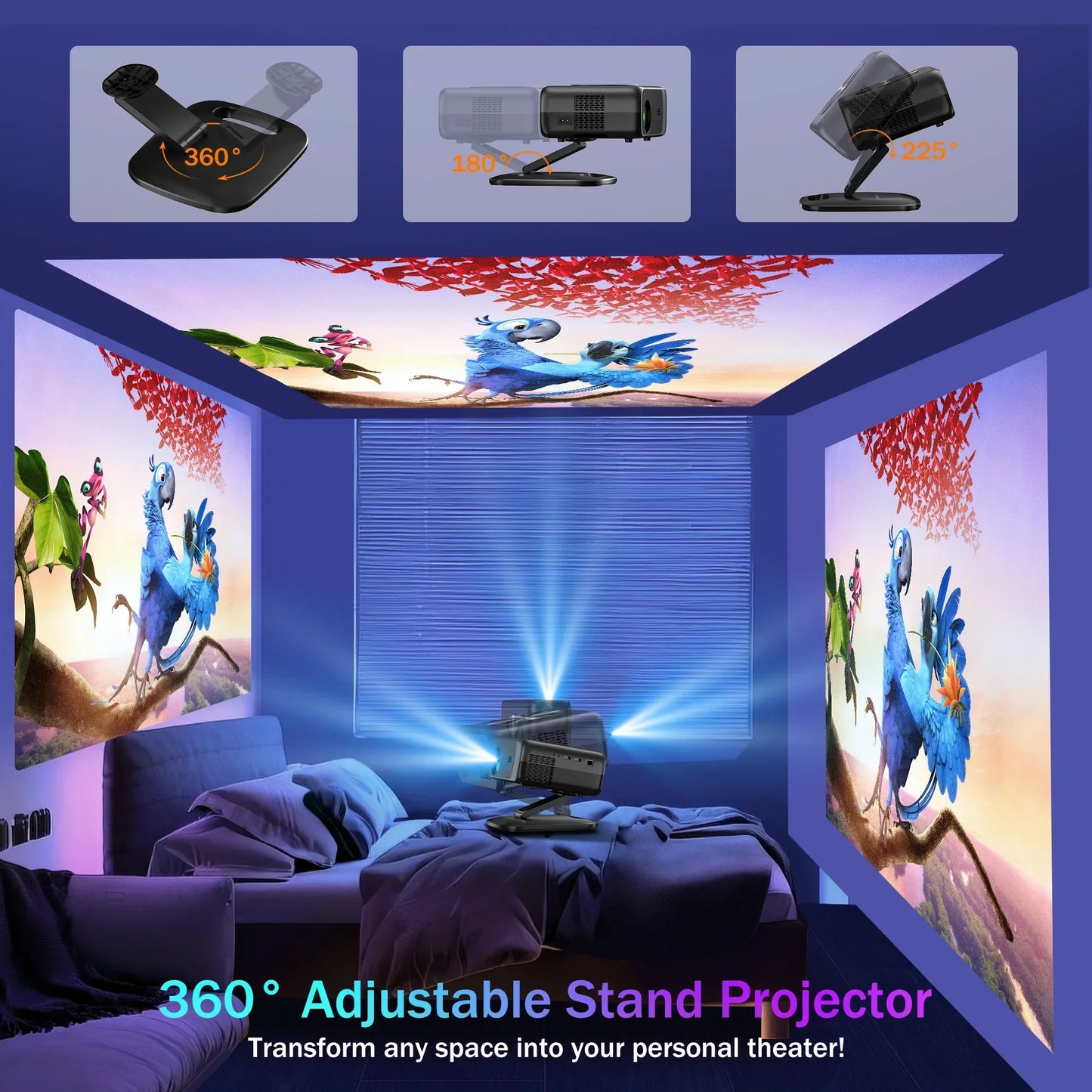 Projecteur avec support ajustable à 360° dans une chambre diffusant une animation colorée sur murs et plafond