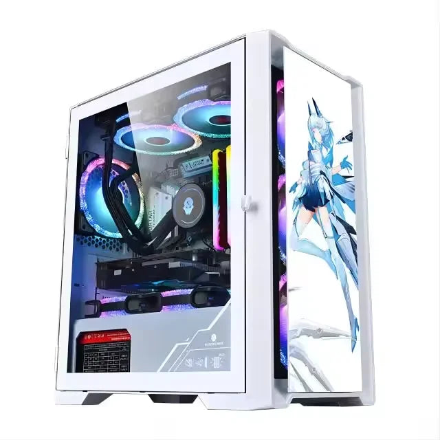 PC gamer blanc avec éclairage RGB et illustration anime sur le panneau latéral en verre