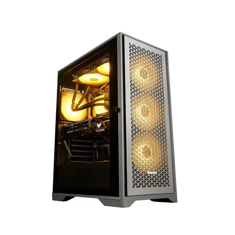 Boîtier PC gamer gris avec ventilation LED orange, panneau latéral en verre trempé