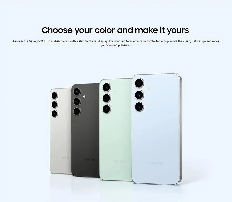 Quatre smartphones Samsung Galaxy S24 FE en blanc, noir, vert et bleu clair alignés sur fond blanc