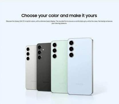 Quatre smartphones Samsung Galaxy S24 FE en blanc, noir, vert et bleu clair alignés sur fond blanc