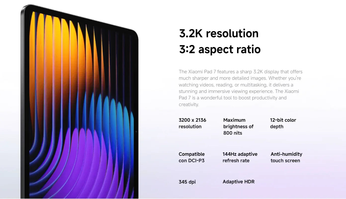 Tablette Xiaomi Pad 7 avec écran 3.2K, ratio 3:2, 3200x2136 résolution, 144Hz, HDR adaptatif