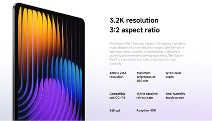 Tablette Xiaomi Pad 7 avec écran 3.2K, ratio 3:2, 3200x2136 résolution, 144Hz, HDR adaptatif