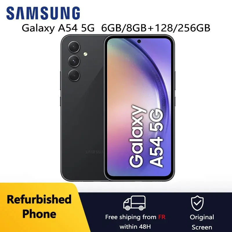 Smartphone Samsung Galaxy A54 5G noir reconditionné, 6GB/8GB RAM, 128/256GB stockage, écran original