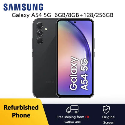 Smartphone Samsung Galaxy A54 5G noir reconditionné, 6GB/8GB RAM, 128/256GB stockage, écran original